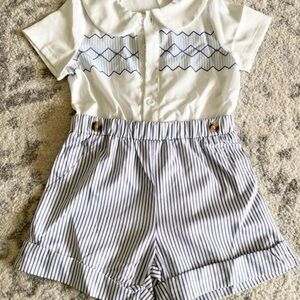 White and Blue Striped Toddler Boy Romper (Worn Once)